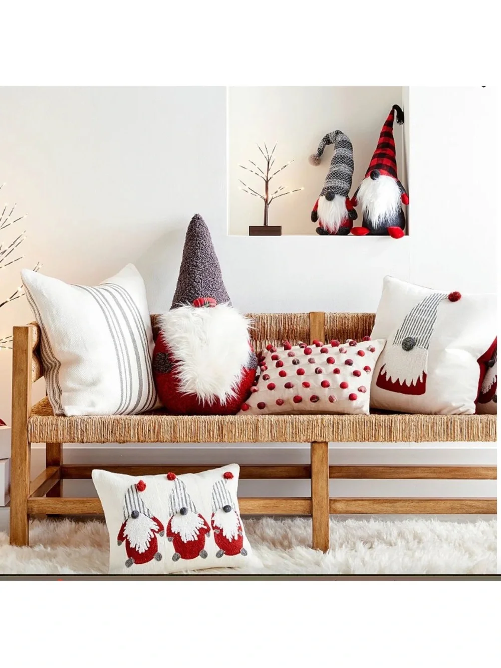 Pottery Barn Cream Pillow with Red and Navy Pom Dots